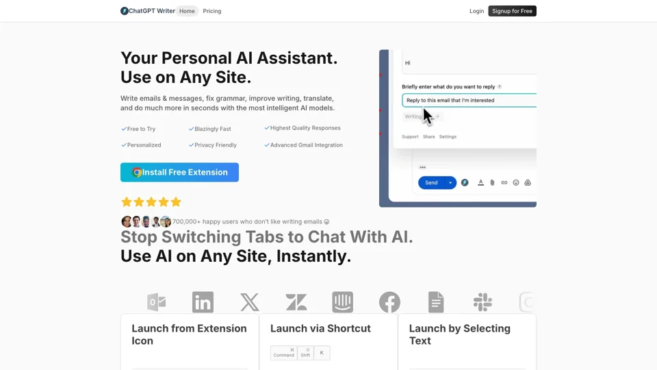 ChatGPT Writer: Use AI on Any Site. Powered by GPT-4o, Claude, and Gemini. Free to Try.