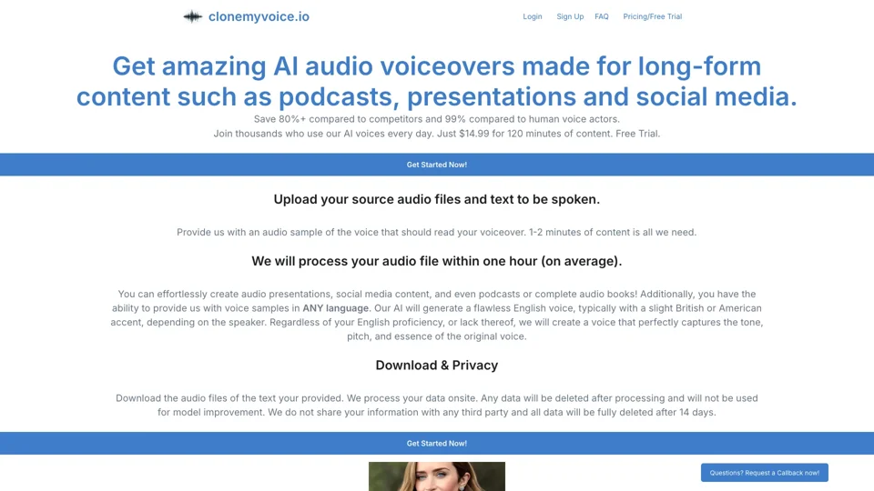 Get amazing AI audio voiceovers made for long-form content such as podcasts, presentations and social media. | clonemyvoice.io