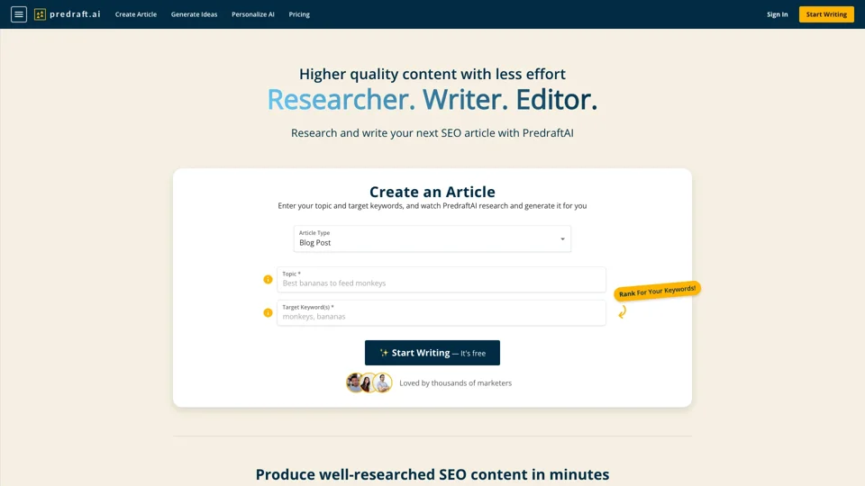 predraft.ai | 1-click SEO Researcher & Writer | Free Forever