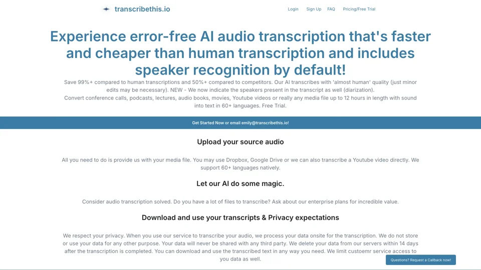 Experience error-free AI audio transcription that's faster and cheaper than human transcription and includes speaker recognition by default! | transcribethis.io
