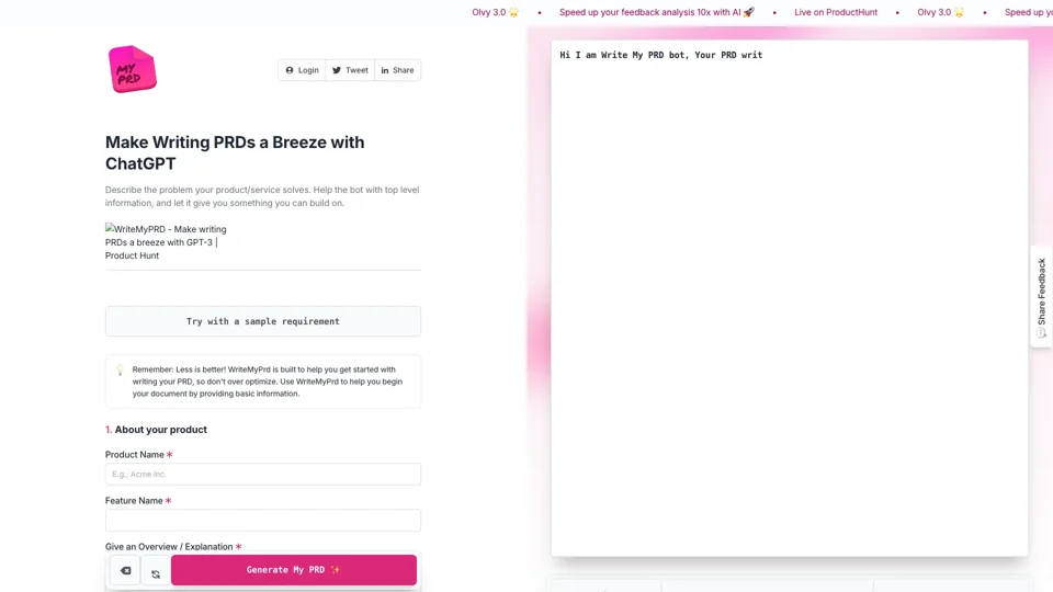 WriteMyPrd | Make Writing PRDs a Breeze with ChatGPT